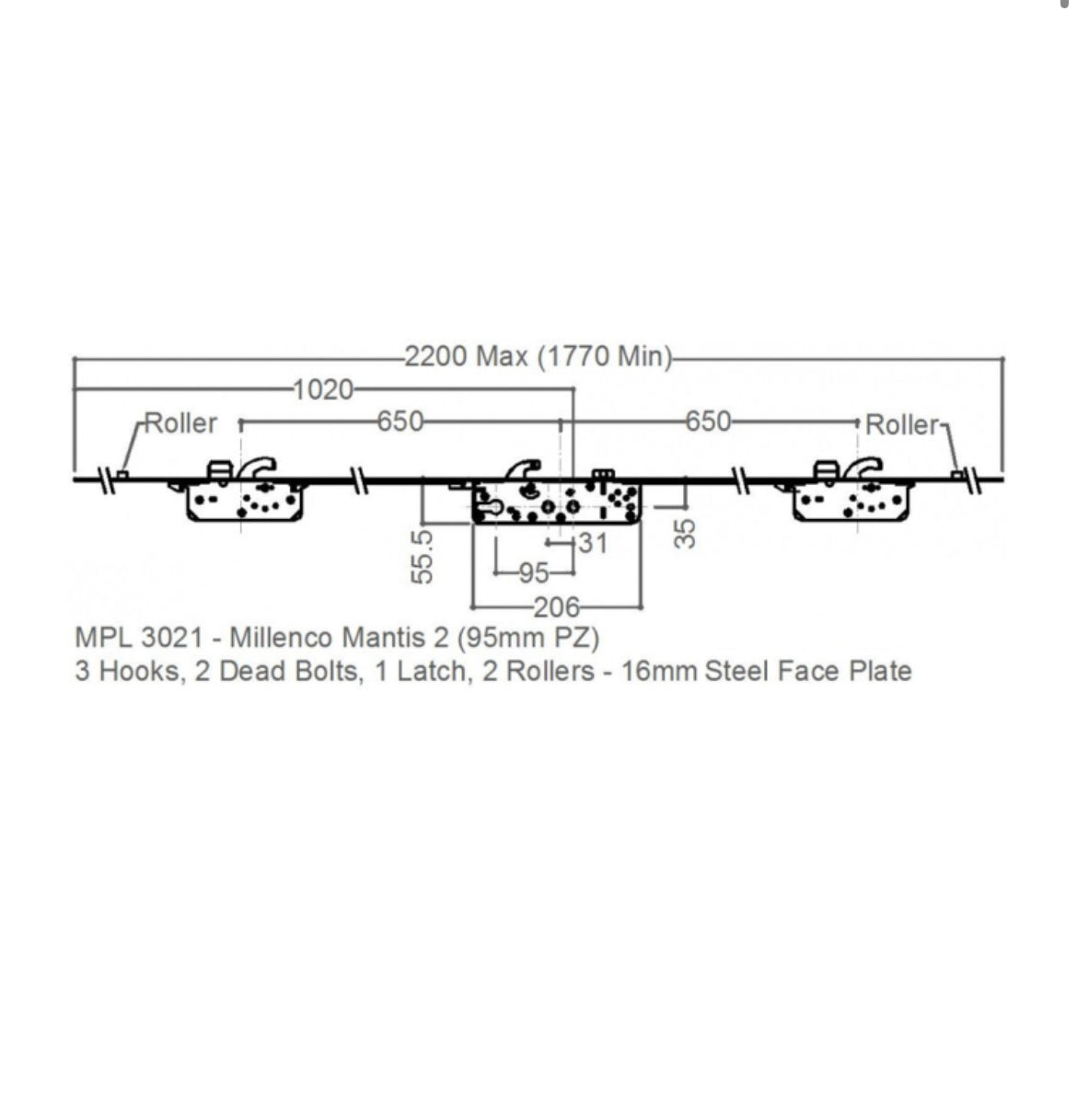 MILLENCO Mantis 2 Lever Operated Latch & Hookbolt 95/65 Twin Spindle - 2 Hook, 2 Bolt & 2 Roller