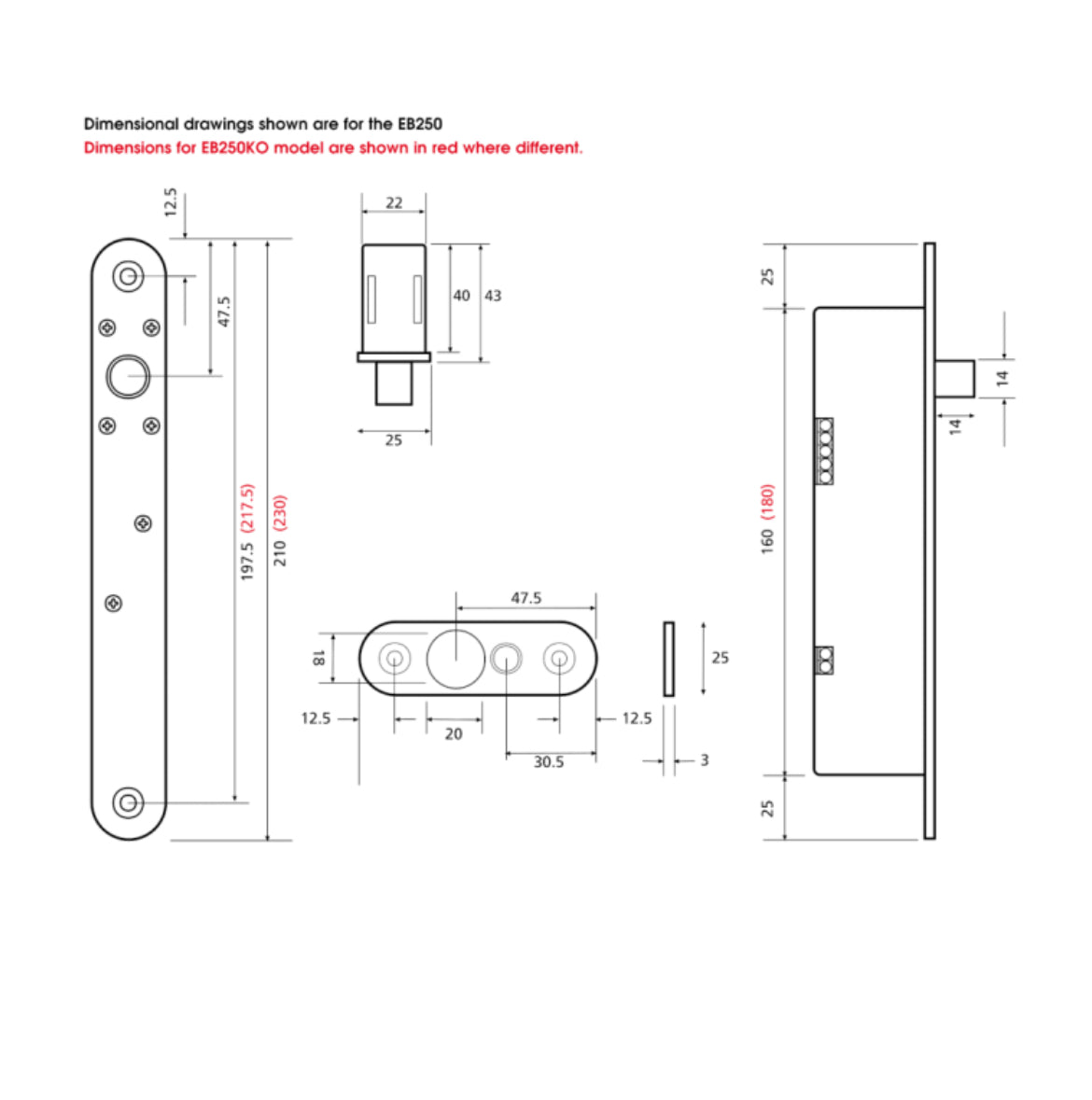 ALPRO EB250 12V/24V DC Monitored Solenoid Bolt SS Dimensions