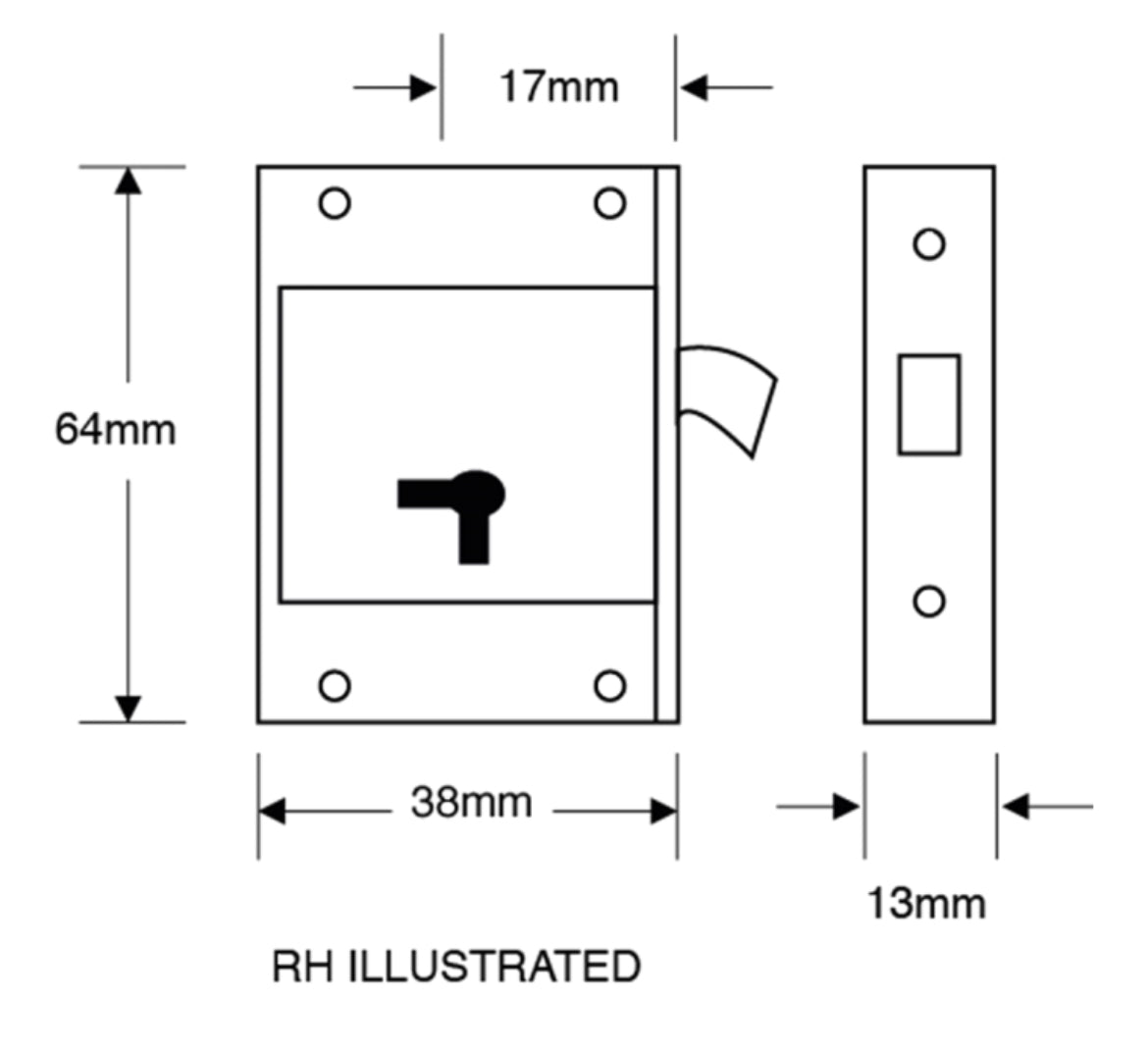 ASEC 80 4 Lever 64mm Cut Cupboard Lock Dimensions