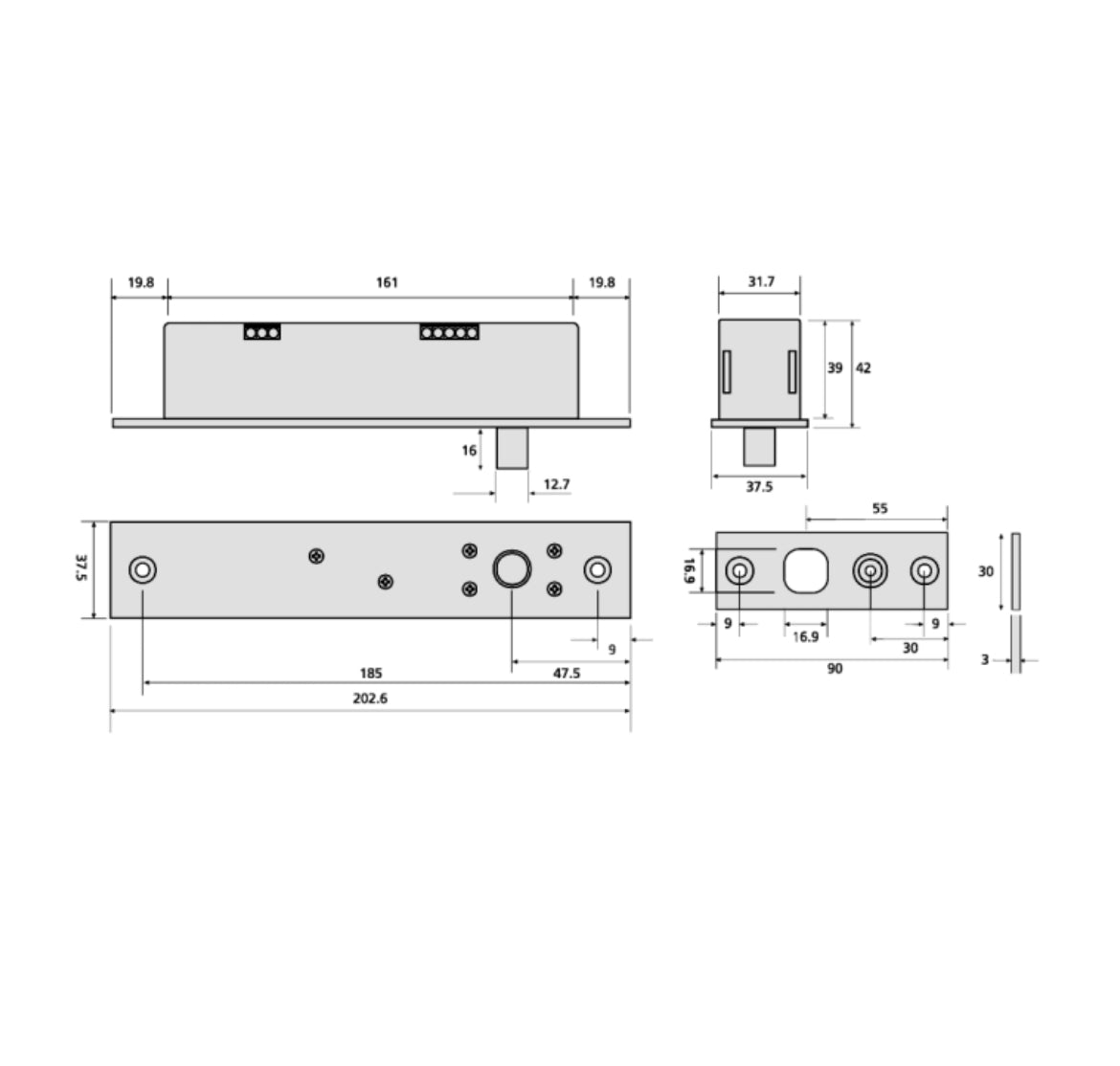 ALPRO DB38 12V/24V DC Monitored Solenoid Bolt SS Dimensions