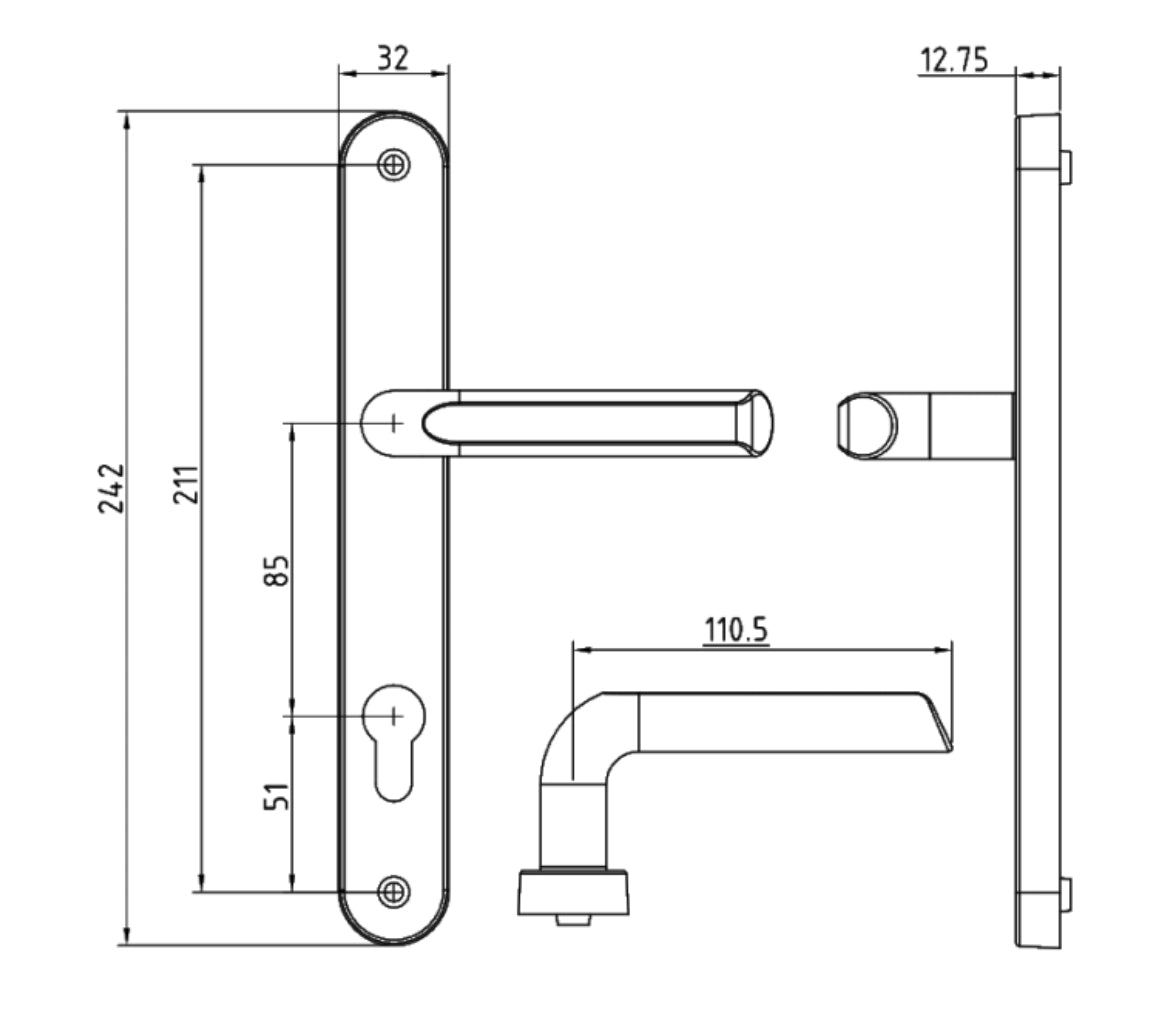 ASEC 85 Lever/Lever UPVC Furniture - 242mm Backplate