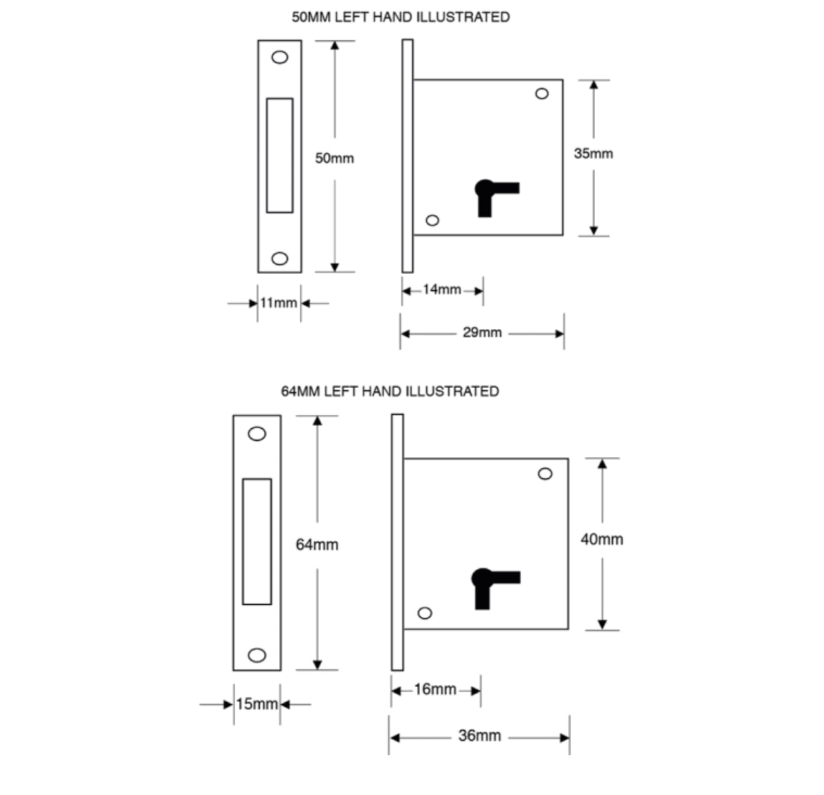 ASEC 15 4 Lever Cut Cupboard Lock Dimensions