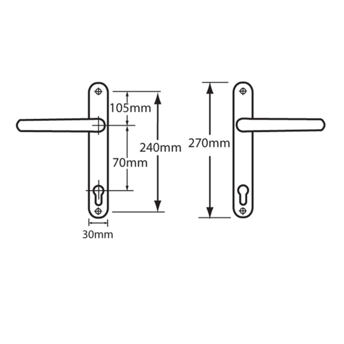 ASEC 70 Lever/Lever UPVC Furniture - 270mm Backplate Dimensions 