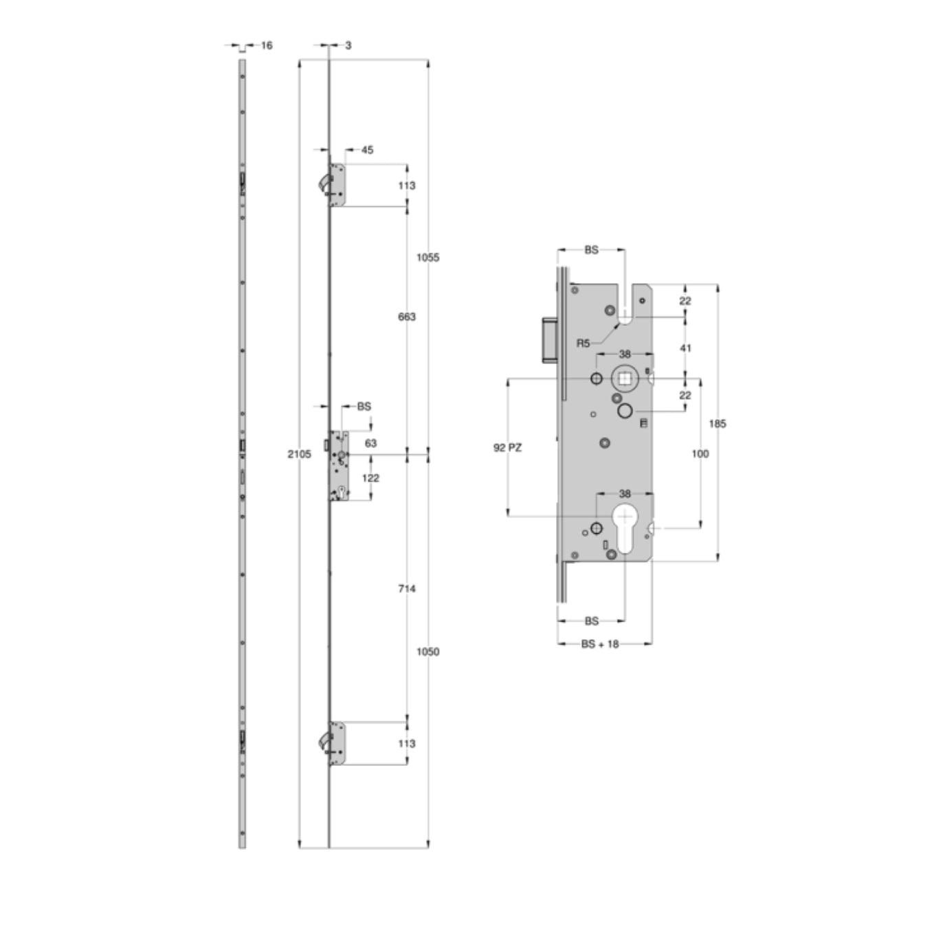 WINKHAUS AV2-F 2060 M2 Lever Operated Latch Only 20mm Square Faceplate - 2 Hook