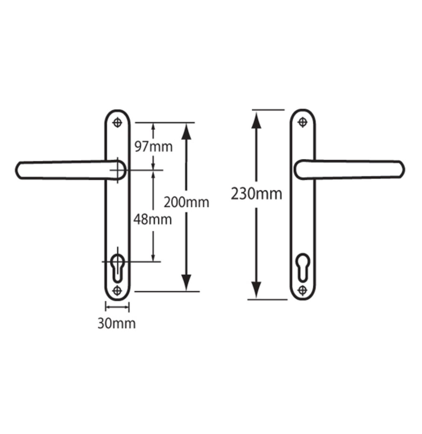 ASEC 48 Lever/Lever UPVC Furniture - 230mm Backplate Dimensions