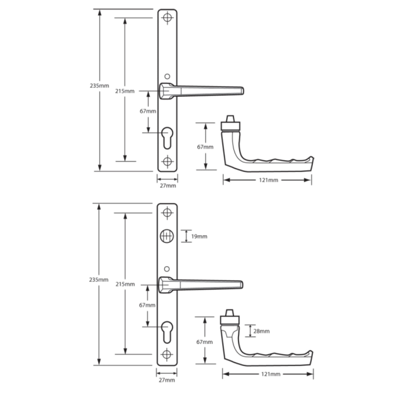 HOPPE UPVC Lever Door Furniture To Suit Fullex c/w Snib Dimensions