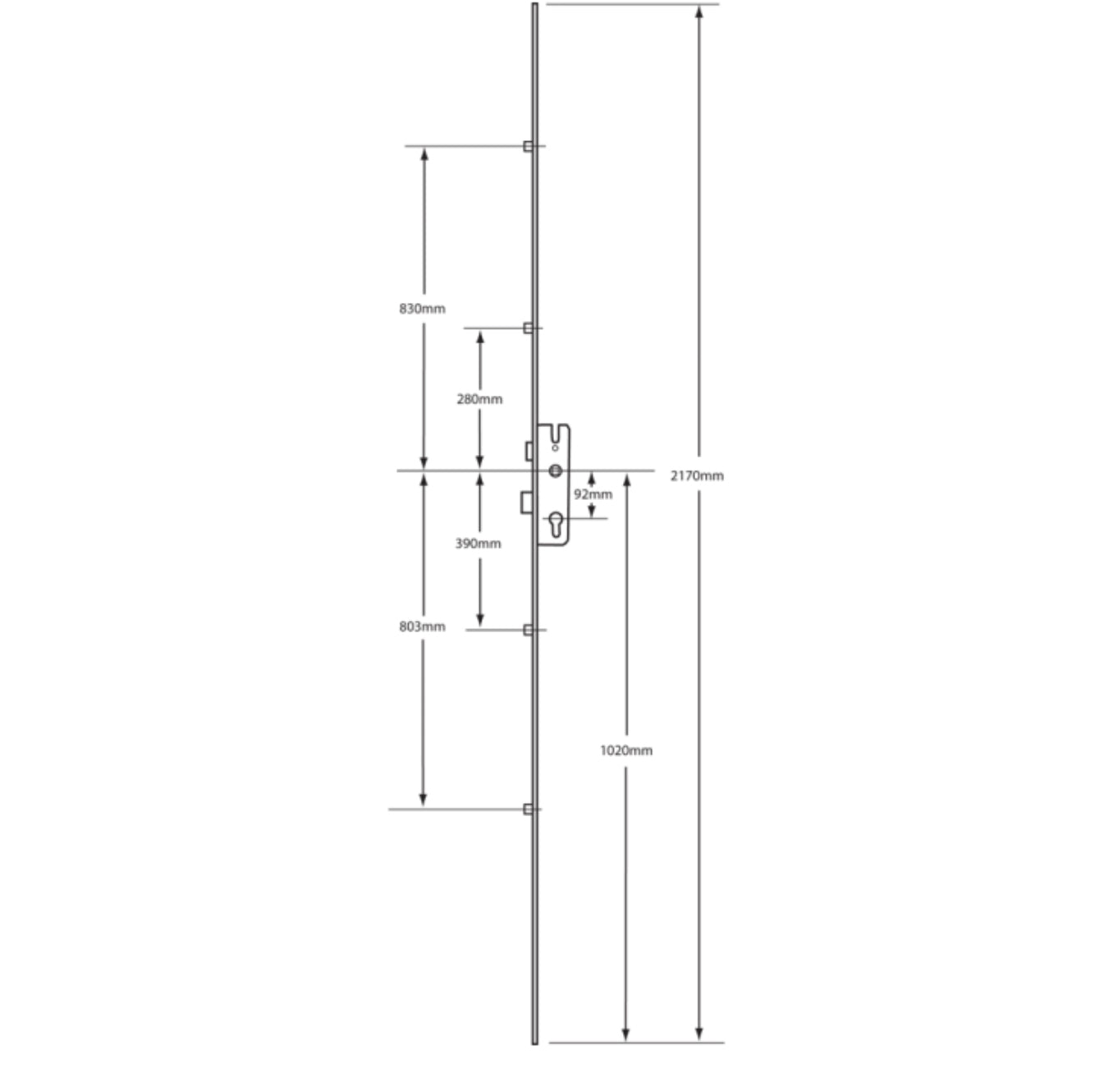 KFV Lever Operated Latch & Deadbolt `U` Rail - 4 Roller