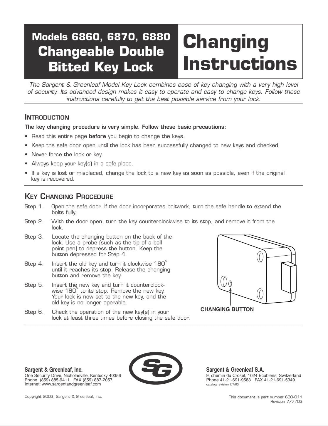 SARGENT & GREENLEAF 6880 Safe Lock