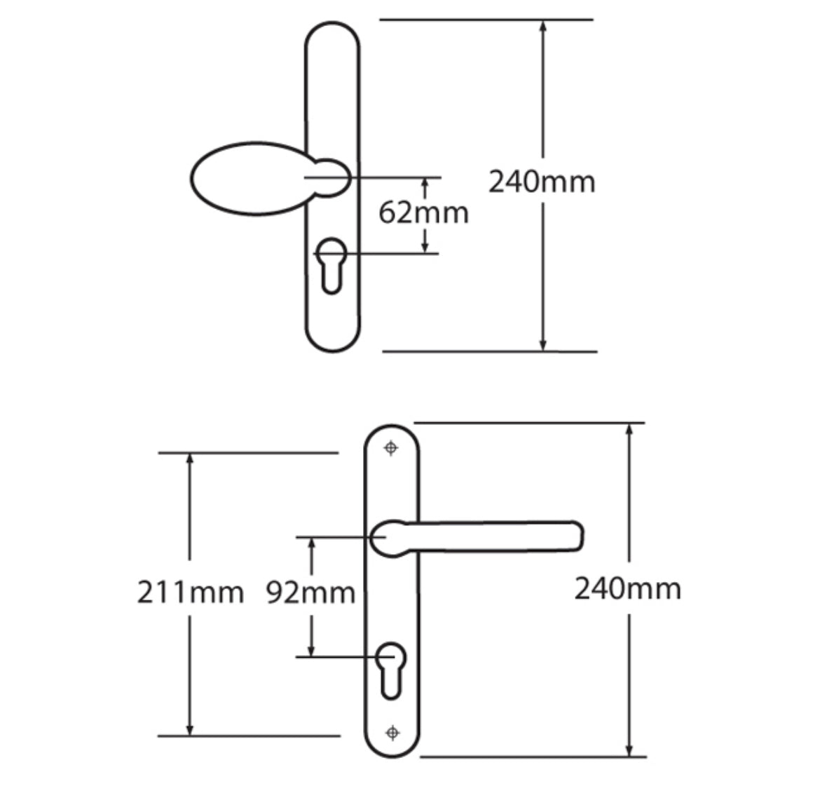 MILA Prolinea 92/62 Offset Lever/Pad UPVC Furniture - 240mm Backplate