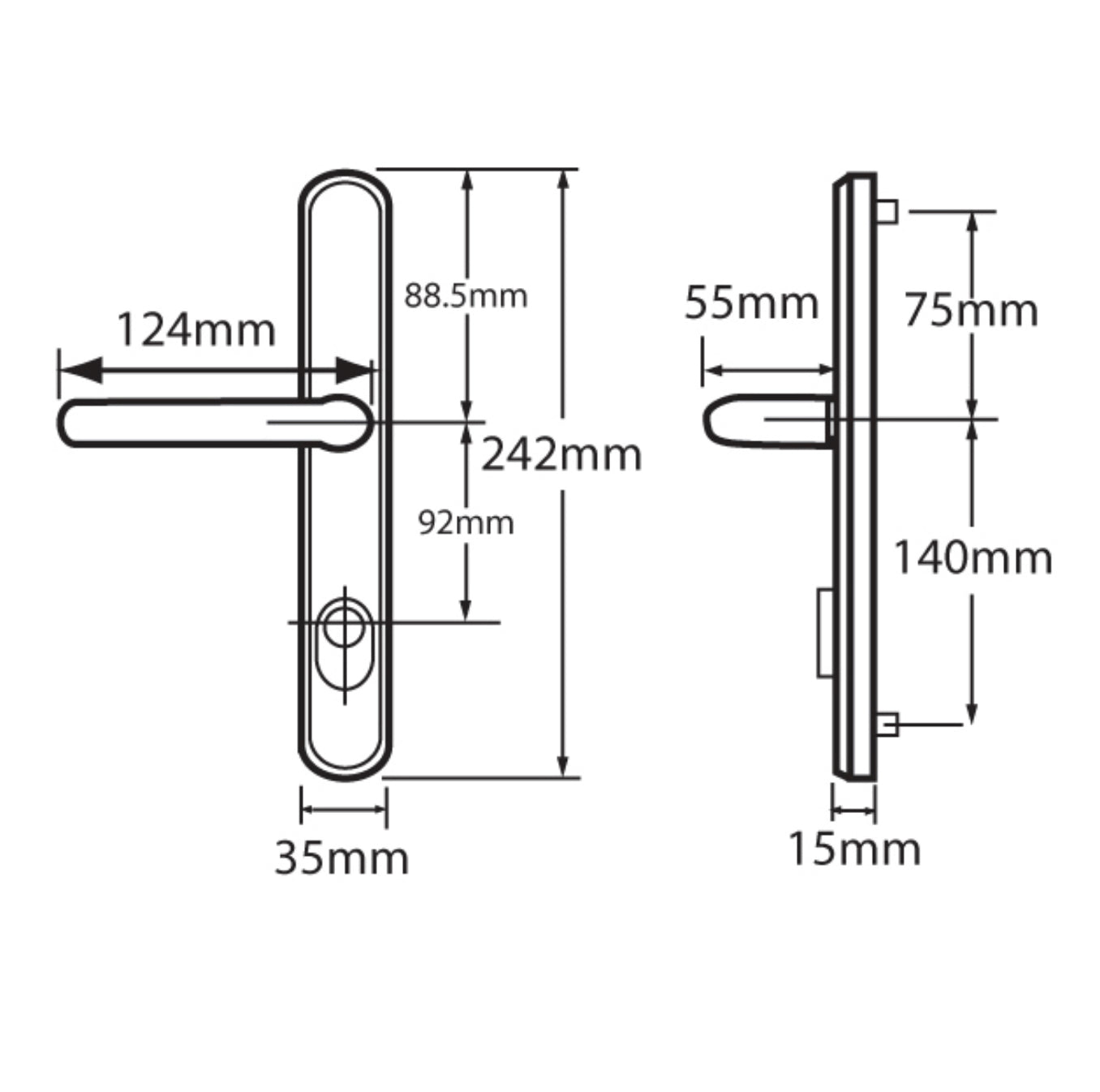 HOPPE Door Furniture PAS24 Altanta 92mm Centres 215mm Screw Centres Dimensions